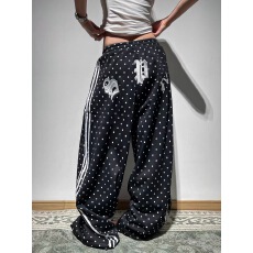 批发美式慵懒字母刺绣波点三条杠松紧腰<b class='q'>休闲</b>裤宽松阔腿设计感长裤