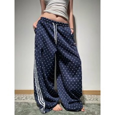 批发美式慵懒字母刺绣波点三条杠松紧腰<b class='q'>休闲</b>裤宽松阔腿设计感长裤