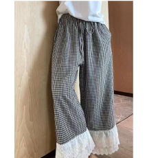 批发格子蕾丝边休闲裤显瘦百搭长裤