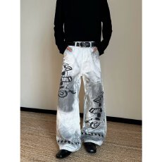 批发潮牌高级感复古蓝微<b class='q'>垮</b>牛仔<b class='q'>裤</b>男美式高街涂鸦印花宽松小直筒长<b class='q'>裤</b>子