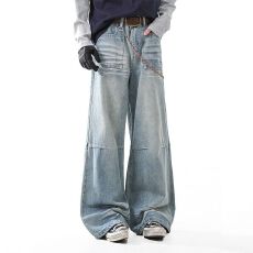 批发美式高街磨白猫须阔腿牛仔裤男女潮牌宽松<b class='q'>修身</b>垂褶直筒拖地长裤子