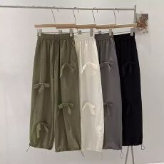批发美式蝴蝶结工装裤女装夏新款松紧腰绳口袋宽松长裤甜酷直筒休闲裤