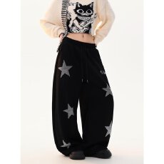 批发美式vibe裤子高街刺绣浅蓝色星星牛仔裤男款设计感<b class='q'>修身</b>直筒微喇裤