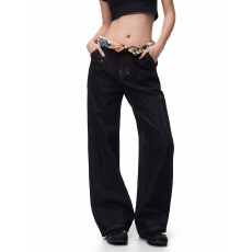 批发美式复古口袋撞色直筒牛仔裤男夏季宽松休闲水洗做旧裤子