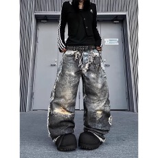 批发美式破坏感3D数码打印工艺弯刀牛仔裤男女宽松阔腿长裤
