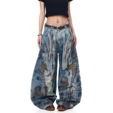 批发男女美式复古水洗污渍做旧乱针弯刀牛仔裤2026阔腿牛仔宽松镰刀裤