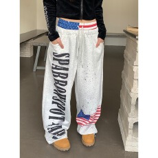 批发美式复古字母旗帜印花抽绳阔腿卫裤男女简约宽松百搭<b class='q'>休闲裤</b>