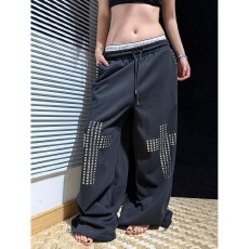 批发「黑十字」美式复古亮片十字架抽绳阔腿<b class='q'>休闲</b>裤男女百搭长裤