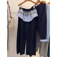 批发大码200斤假两件荷叶边拼接阔腿裤女春<b class='q'>秋</b>高腰显瘦宽松休闲长裤裤