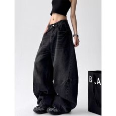 批发黑灰色阔腿<b class='q'>牛仔裤</b>女早秋新款高腰宽松<b class='q'>直筒</b>梨形遮胯显瘦垂感拖地裤