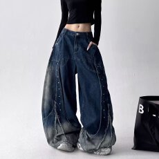 批发今年流行美式复古拼接<b class='q'>牛仔裤</b>女2026超火夏装新款街头宽松<b class='q'>休闲</b>裤