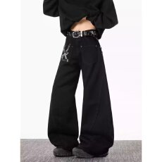 批发新款水洗黑色微喇<b class='q'>牛仔裤</b>男cleanfit美式高街宽松<b class='q'>直筒</b>喇叭裤子长裤