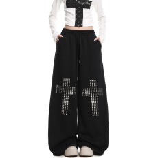 批发美式复古烫钻十字架松紧腰休闲裤女2026春<b class='q'>秋</b>宽松显瘦酷飒风拖地裤