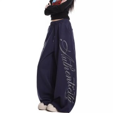 批发美式复古设计感字母烫钻阔腿裤男女2026春<b class='q'>秋</b>新款宽松百搭休闲长裤