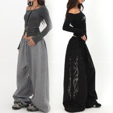 批发好质量（原版起版 薄款320克爵士舞烫钻运动卫裤女春<b class='q'>秋</b>直筒阔腿裤