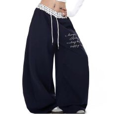 批发纯棉华棉 美式波点腰头拼接字母弯刀卫裤男女<b class='q'>春</b>秋爵士舞阔腿裤潮