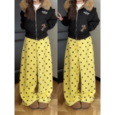批发黄色波点休闲裤女秋冬加绒加厚宽松慵懒松弛感直筒裤