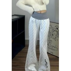 批发白色波点印花条纹裤子女2025新款冬季加绒加厚休闲微喇裤