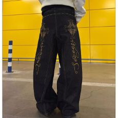 批发2026十八先生春秋高腰图案设计男女同款阔腿直筒刺绣纹理<b class='q'>牛仔裤</b>子