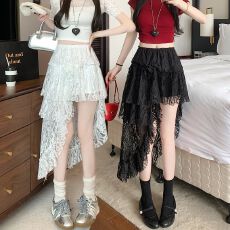 批发白色不规则下摆<b class='q'>蕾丝</b>半身裙女夏季蛋糕裙高腰半裙艺术感裙子中长裙