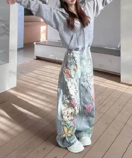 아메리칸 레트로 재미있는 고양이 개 수채화 낙서 청바지 여성 봄 가을 새로운 하이웨이스트 루즈핏 스트레이트 와이드 레그 팬츠 어린이