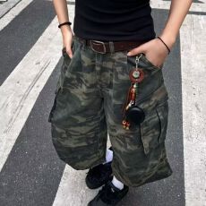 批发【迷彩<b class='q'>七分裤</b>美式浩威复古大口袋工装裤<b class='q'>男</b>女潮流ins痞帅休闲<b class='q'>短裤</b>