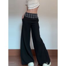 批发2026新款宽松黑色<b class='q'>格子</b>拼接<b class='q'>西装</b>阔腿裤女慵懒风垂感休闲长裤