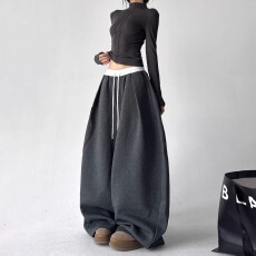 批发美式<b class='q'>冬</b>季简约运动风撞色双腰头抽绳休闲裤男女灰色宽松直筒阔腿裤