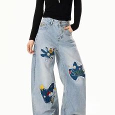批发美式复古重工花卉刺绣<b class='q'>牛仔裤</b>男女同款春秋新款宽松休闲阔腿长裤潮