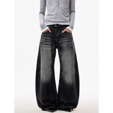 批发美式复古痞帅做旧弯刀<b class='q'>牛仔裤</b>男女春夏宽松休闲vintage阔腿长裤