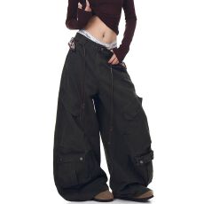 批发【送<b class='q'>饰品</b>】美式复古腰绳设计感弯刀工装裤男女褶皱多口袋阔腿裤潮