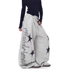 批发美式潮牌黑色字母印花卫<b class='q'>裤</b>男女宽松弯刀阔腿运动休闲<b class='q'>裤</b>