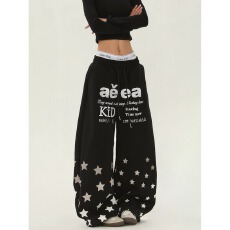 批发美式复古星星字母印花休闲卫<b class='q'>裤</b>男女直筒街头阔腿长<b class='q'>裤</b>