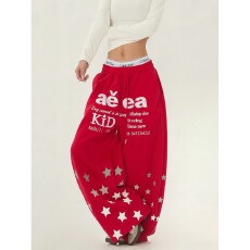 批发美式复古星星字母印花休闲卫<b class='q'>裤</b>男女直筒街头阔腿长<b class='q'>裤</b>