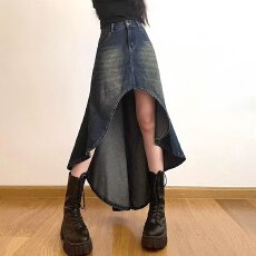 批发美式<b class='q'>街头</b>辣妹A字牛仔裙女夏季高腰水洗做旧设计感不规则半身长裙