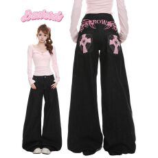 批发美式复古撞色字母印花铆钉牛仔<b class='q'>裤</b>女春夏高街设计感阔腿<b class='q'>裤</b><b class='q'>长裤</b>情侣