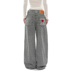 批发黑白条纹刺绣阔腿<b class='q'>牛仔裤</b>男女美式宽松情侣百搭直筒长裤潮