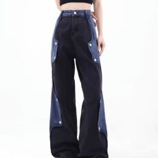 批发拼接牛仔裤美式MAX男女小众痞帅工装宽松休闲直筒阔腿裤子夏季