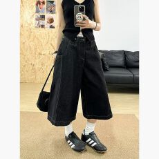 批发【七分<b class='q'>牛仔裤</b>】夏季解构中裤<b class='q'>女</b>美式复古水洗宽松直筒阔腿短裤