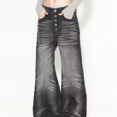 批发2026美式重工闪电猫须纹水洗灰<b class='q'>牛仔裤</b>微喇男女cleanfit百搭长裤