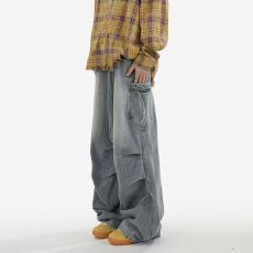 批发美式水洗做旧拼接阔腿牛仔裤男潮牌高街复古宽松直筒休闲拖地长裤