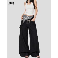 批发美式复古可拆卸三穿飞机扣单肩背带牛仔裤女2026春季新款阔腿裤