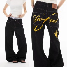 批发美式复古反穿刺绣黑色弯刀牛仔裤女<b class='q'>高腰</b>设计宽松直筒阔腿休闲裤子