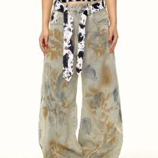 批发春夏美式复古帆布蛇纹迷彩弯刀裤重工水洗宽松休闲痞帅牛仔裤女潮