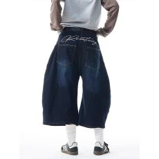 批发美式复古刺绣弯刀牛仔短裤男2025夏季中裤宽松阔腿七分裤镰刀裤子