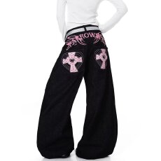 批发ins时尚日系新款<b class='q'>欧美</b>潮复古风翅膀十字架男女直筒阔腿长<b class='q'>裤</b>牛仔<b class='q'>裤</b>