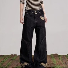 2026美式复古水洗微喇黑灰色刺绣设计牛仔裤宽松直筒百搭长裤潮