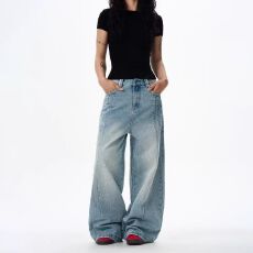 批发【星空纹牛仔裤】2026春水洗做旧拼接裤子男女宽松直筒阔腿<b class='q'>长裤</b>