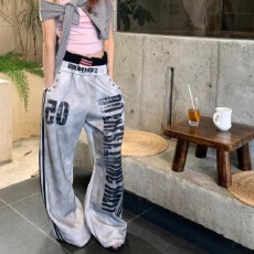 批发美式高街水洗双腰头阔腿裤女宽松设计感直筒休闲运动套装