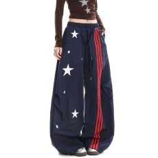 批发美式复古<b class='q'>嘻哈</b>星星条纹<b class='q'>阔腿裤</b>女春秋新款宽松绑带休闲<b class='q'>裤</b>松弛感长<b class='q'>裤</b>